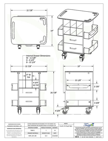 TrippNT 53602 — in-use view under BSC showing cart rolled under biosafety cabinet work surface with supplies staged