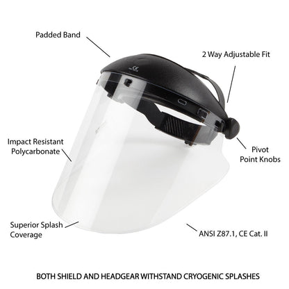 TempShield CRYO-PROTECTION face shield with padded band, pivot knobs and ANSI Z87.1 / CE Cat. II callouts