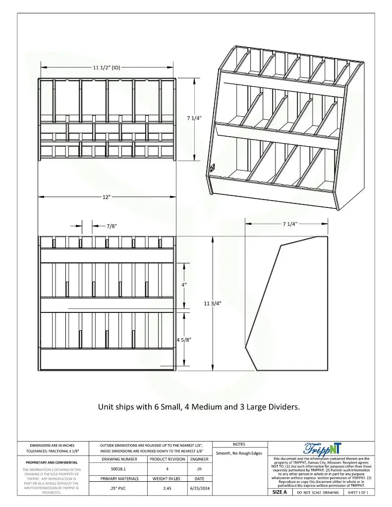 TrippNT 50018 Small Lab Storage Shelf 16 Bins - Engineering Drawing Rev 4