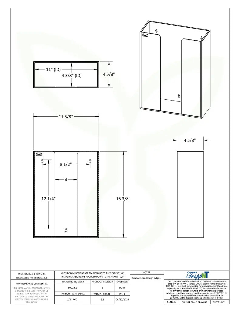 TrippNT 50023 Triple Glove Box Holder - Engineering Drawing Rev 5 with Dimensions
