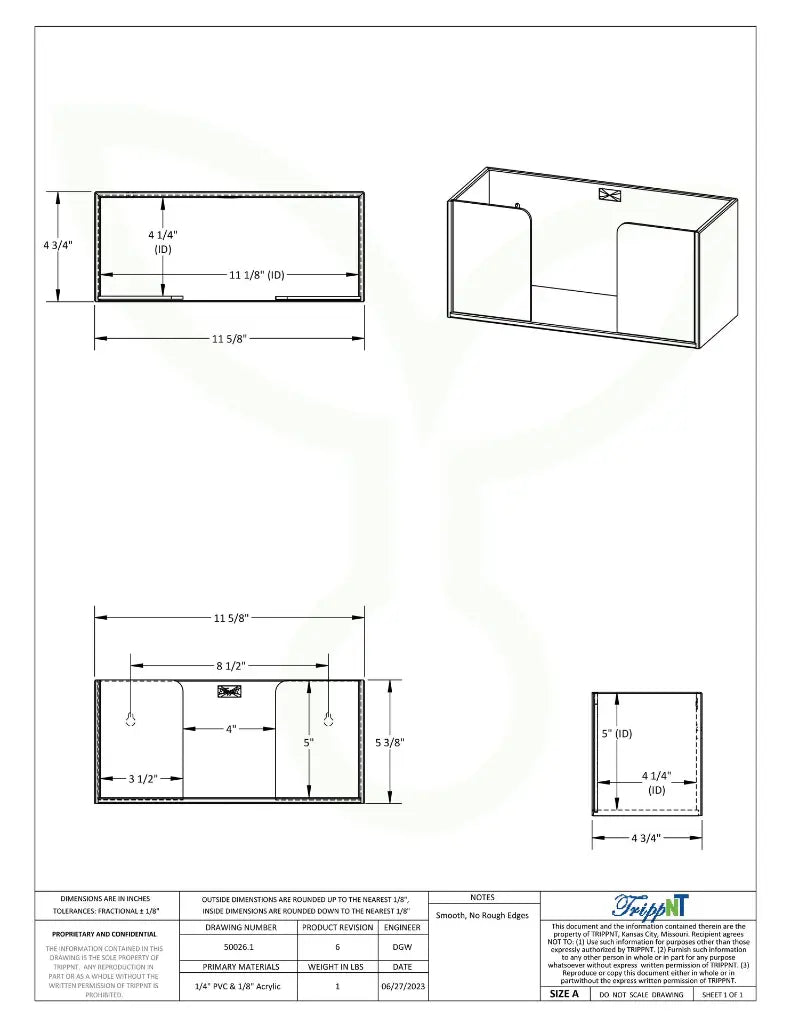 TrippNT 50026 — engineering drawing with dimensional callouts (11.625 x 5.375 x 4.75 inches WHD)
