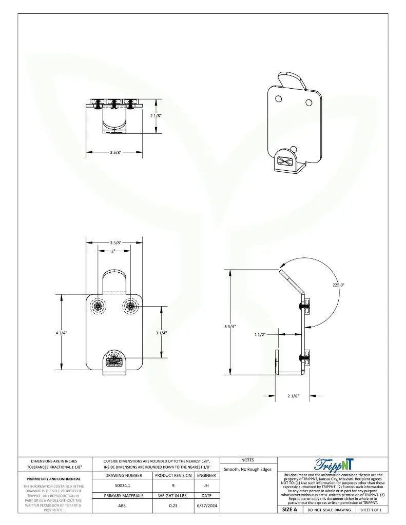 TrippNT 50034 Magnetic Mount Single Lab Hook Engineering Drawing Dimensions