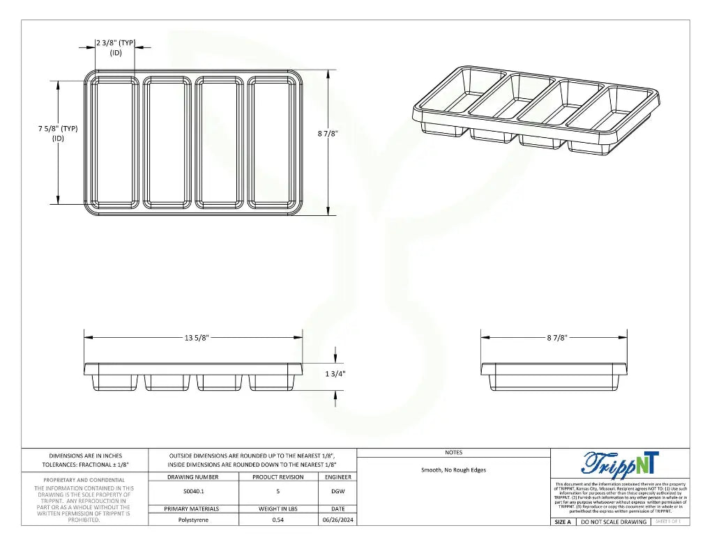 TrippNT 50040 Shallow 4 Slot Drawer Organizer Engineering Drawing Dimensions