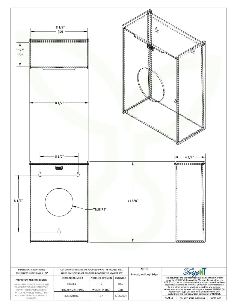 TrippNT 50043 Small Apparel Dispenser — engineering drawing with dimensional callouts (8.5 x 11.625 x 4.5 inches WHD)