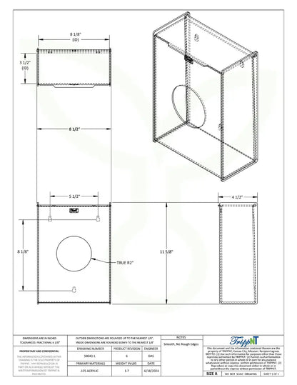 TrippNT 50043 Small Apparel Dispenser — engineering drawing with dimensional callouts (8.5 x 11.625 x 4.5 inches WHD)