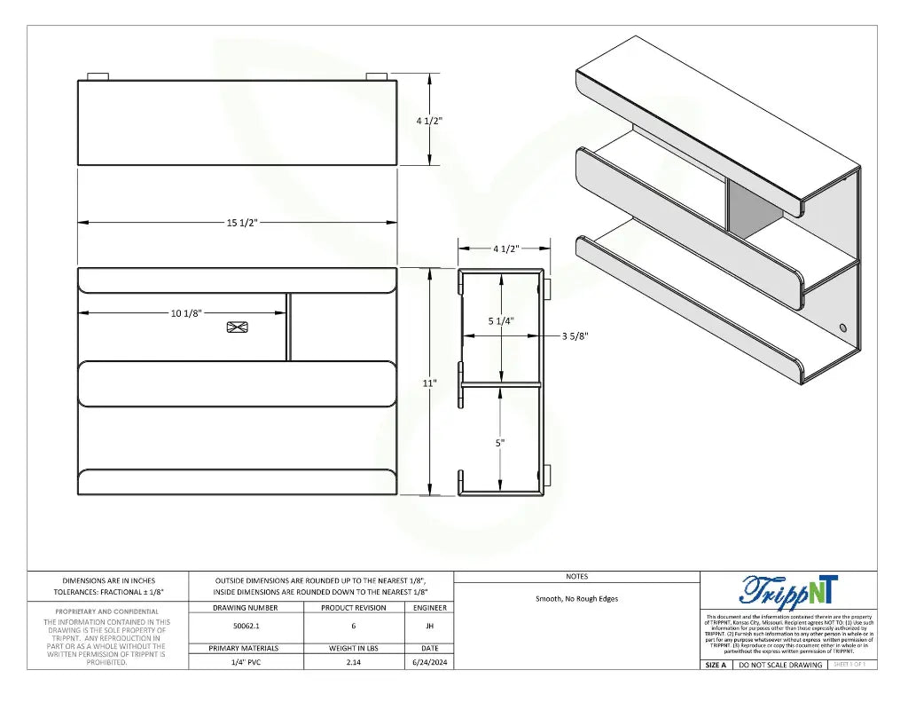 TrippNT 50062 Wide Glove and Kimwipe Holder - Engineering Drawing Rev 6 with Dimensions