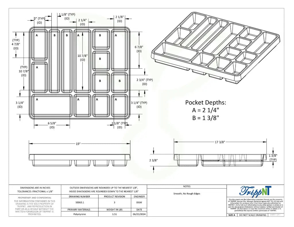 TrippNT 50063 14 Compartment Drawer Organizer - Engineering Drawing Rev 3 with Dimensions