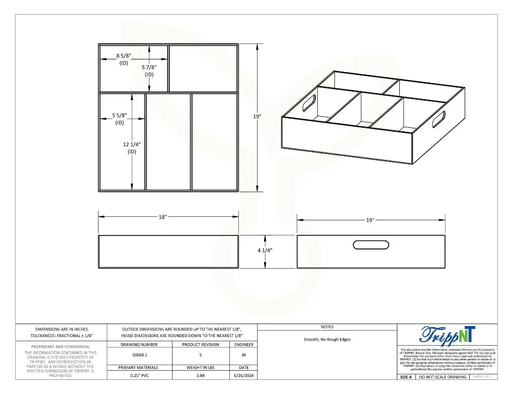TrippNT 50068 5 Compartment Deep Drawer Organizer Engineering Drawing Dimensions