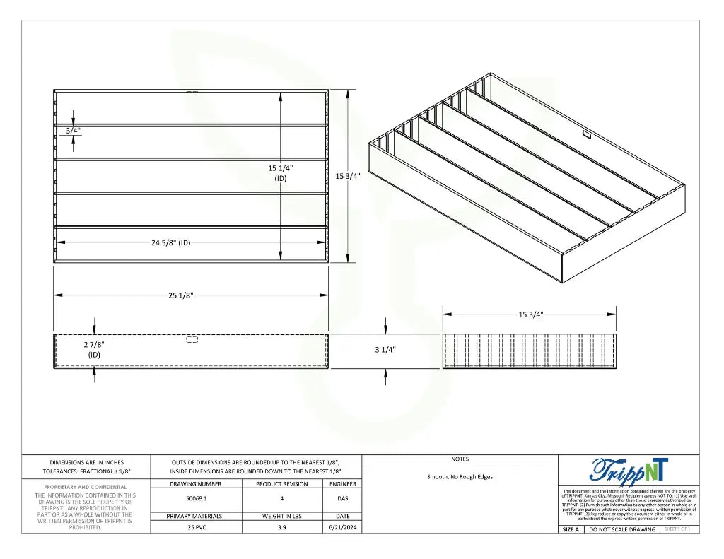 TrippNT 50069 Pipette Drawer Organizer - Engineering Drawing Rev 4 with Full Dimensions