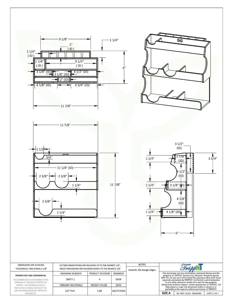 TrippNT 50077 — engineering drawing with dimensional callouts (11.875 x 11.875 x 6 inches WHD)