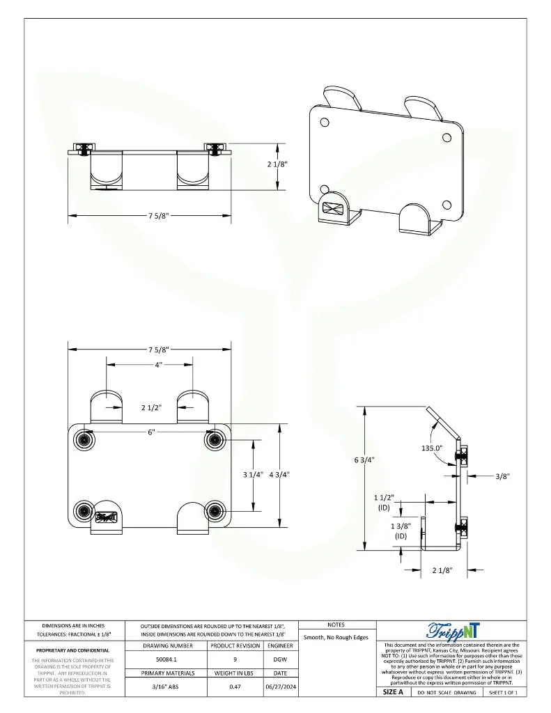 TrippNT 50084 Magnetic Mount Double Lab Hook Engineering Drawing Dimensions