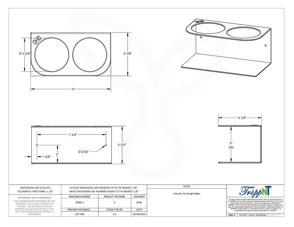 TrippNT 50085 — engineering drawing with dimensional callouts (9 x 4.25 x 4.875 inches WHD)
