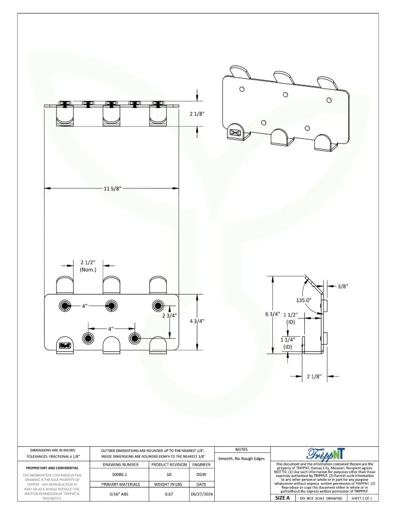 TrippNT 50086 Magnetic Mount Triple Lab Hook Engineering Drawing Dimensions