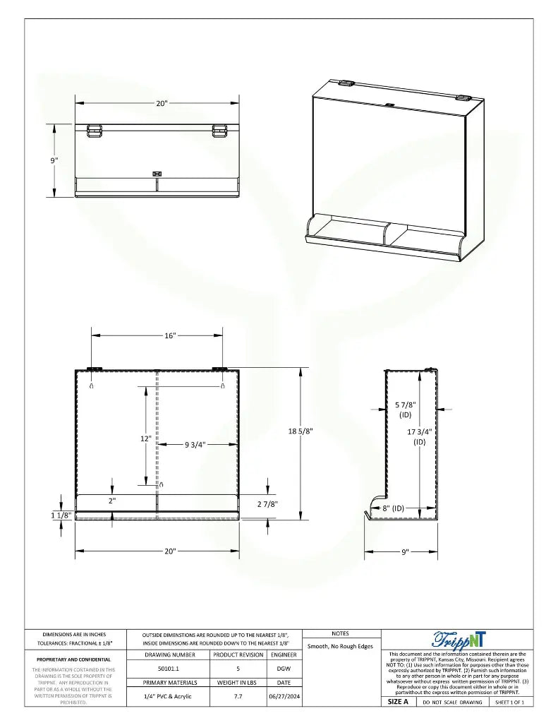 TrippNT 50101 2-in-1 Large Acrylic Apparel Dispenser - Engineering Drawing Rev 5 with Dimensions