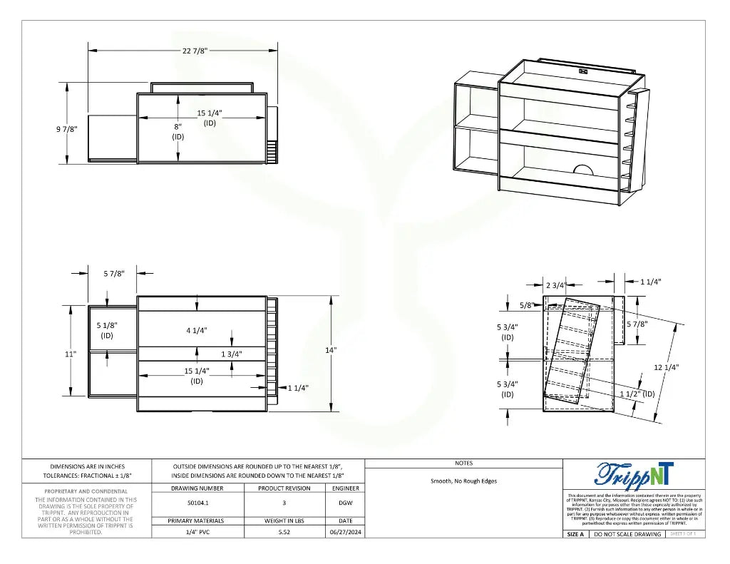 TrippNT 50104 — engineering drawing with dimensional callouts (22.875 x 14 x 9.875 inches WHD)