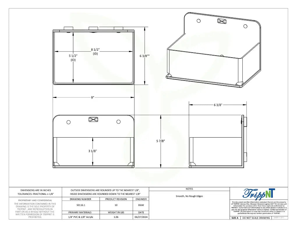 TrippNT 50116 — engineering drawing with dimensional callouts (9 x 5.875 x 6.375 inches WHD)