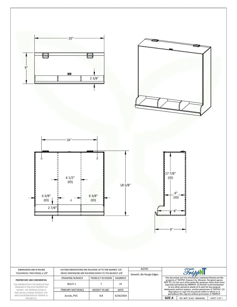 TrippNT 50127 3-in-1 Large Acrylic Apparel Dispenser - Engineering Drawing Rev 7 with Dimensions