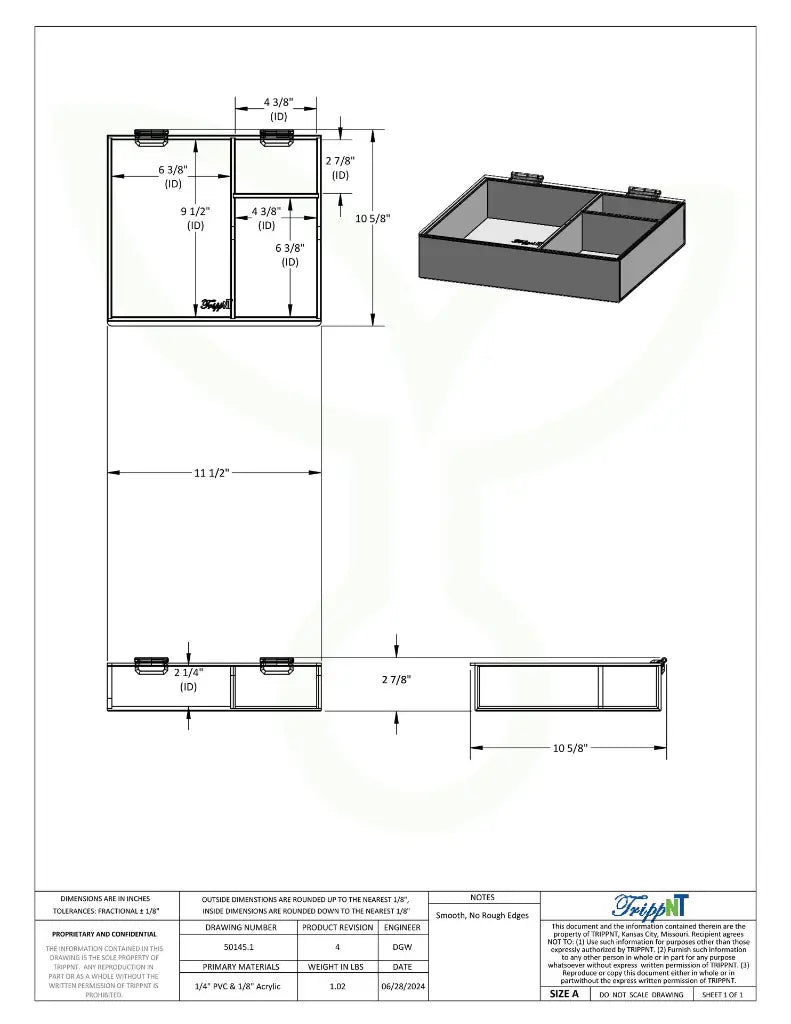 TrippNT 50145 — engineering drawing with dimensional callouts (11.5 x 2.875 x 10.625 inches WHD)