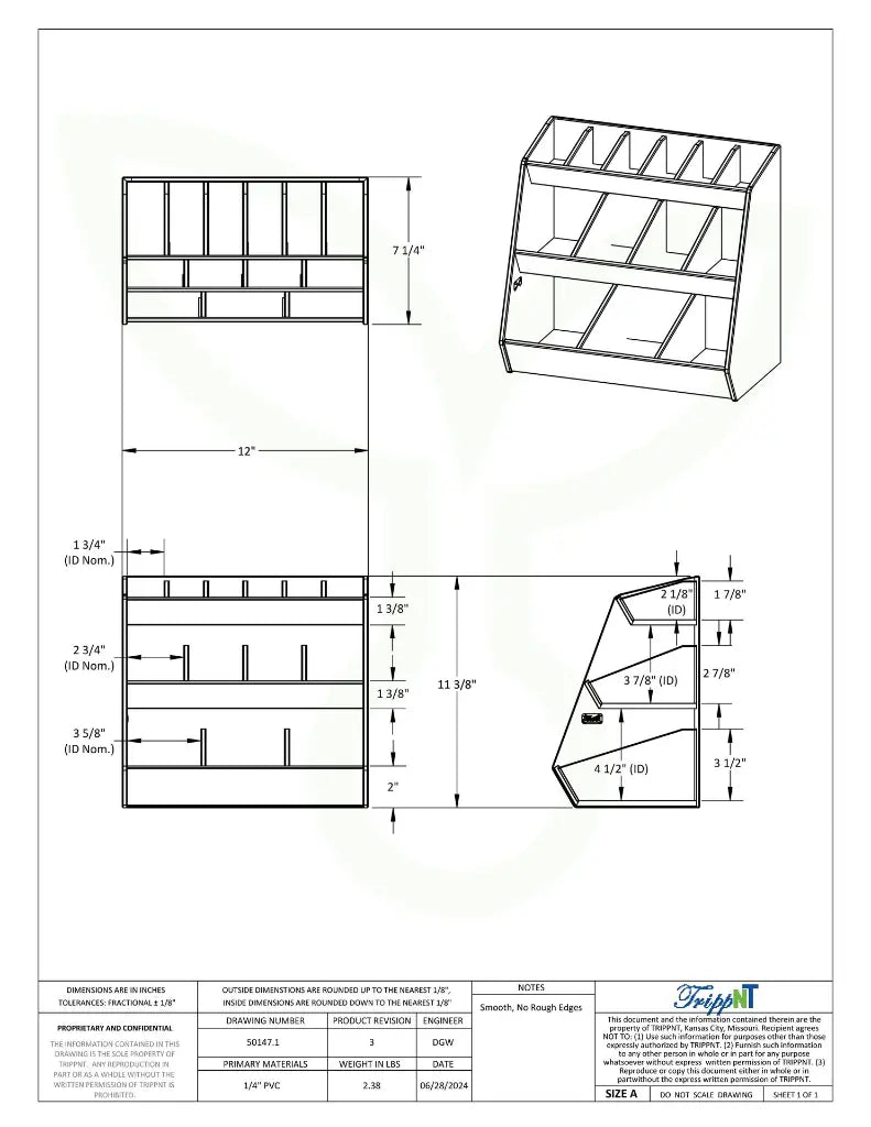 TrippNT 50147 — engineering drawing with dimensional callouts (12 x 11.375 x 7.25 inches WHD)