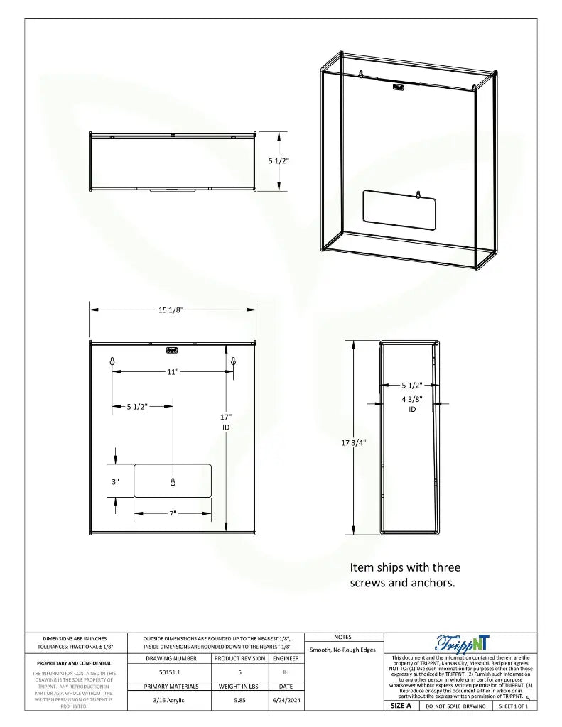 TrippNT 50151 Medium Apparel Dispenser - Engineering Drawing Rev 5 with Full Dimensions