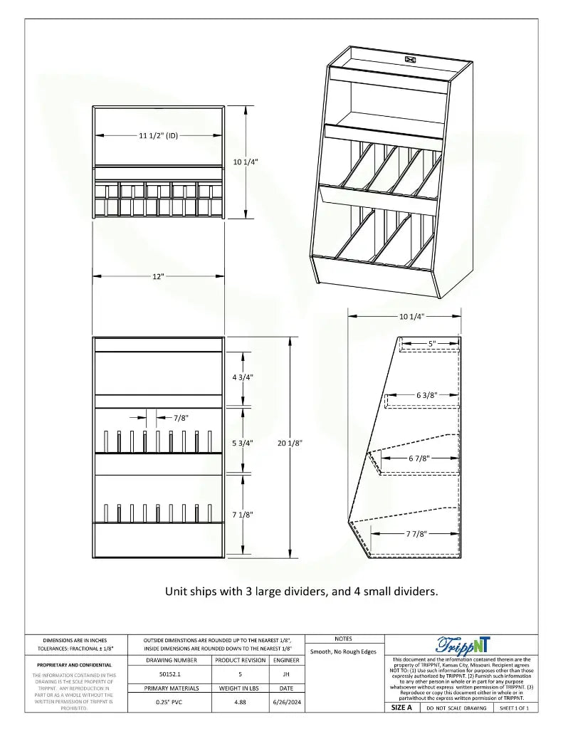 TrippNT 50152 — engineering drawing with dimensional callouts (12 x 20.125 x 10.25 inches WHD) and divider slot positions