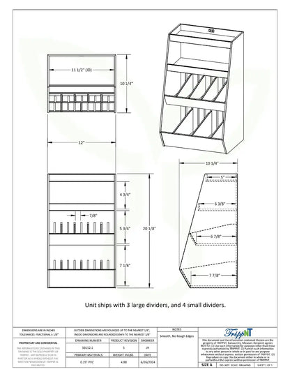 TrippNT 50152 — engineering drawing with dimensional callouts (12 x 20.125 x 10.25 inches WHD) and divider slot positions