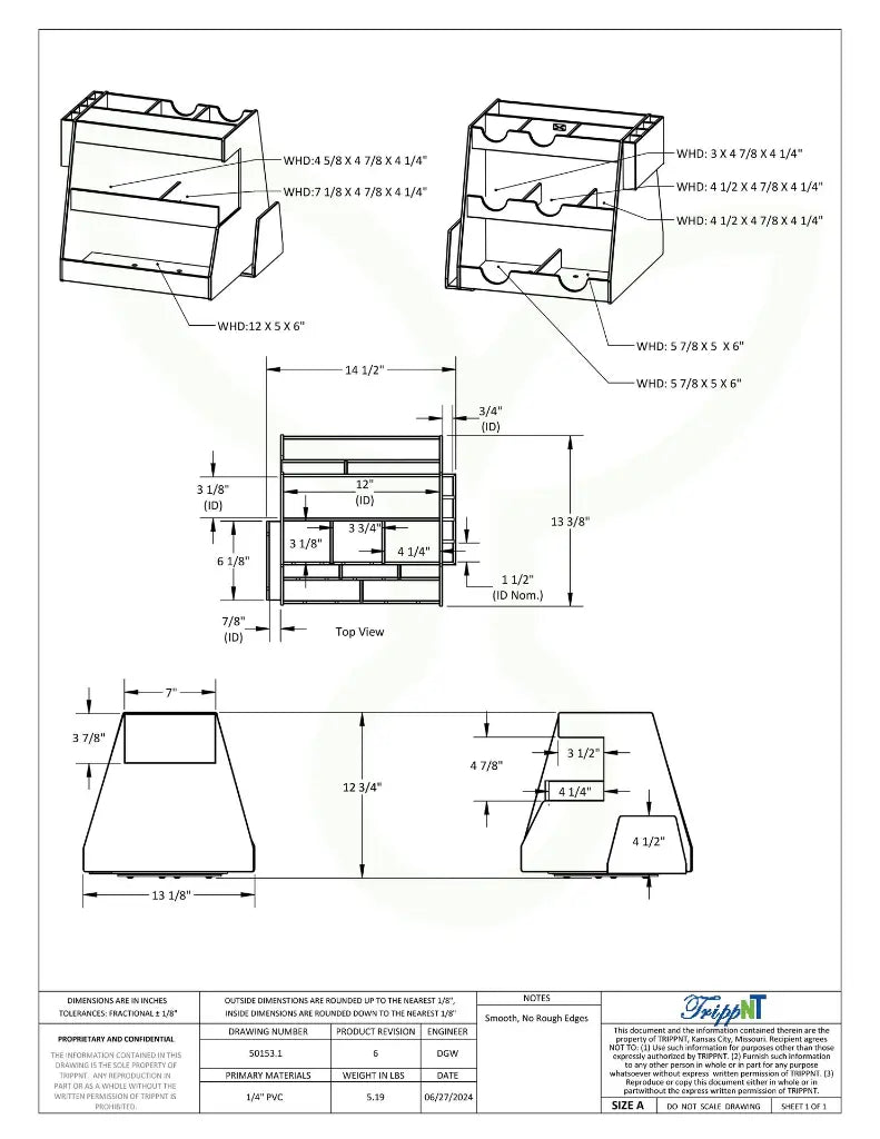 TrippNT 50153 Rotating Multi-Compartment Workstation Engineering Drawing Dimensions