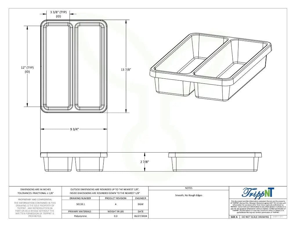 TrippNT 50159 2 Pocket Drawer Organizer - Engineering Drawing Rev 4 with Dimensions
