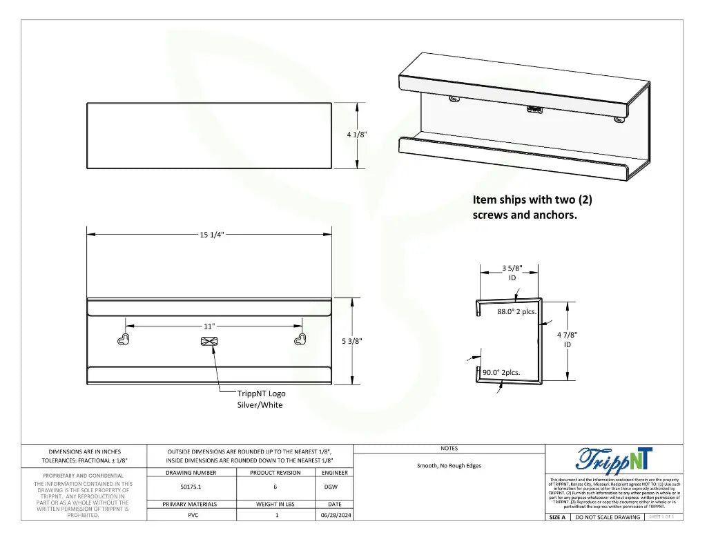 TrippNT 50175 — engineering drawing with dimensional callouts (15.25 x 5.375 x 4.125 inches WHD)