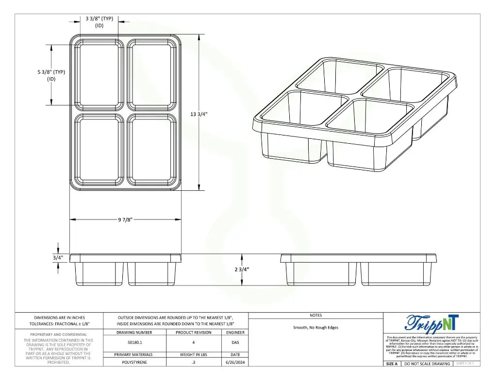 TrippNT 50180 — engineering drawing with dimensional callouts (9.875 x 2.75 x 13.875 inches WHD)