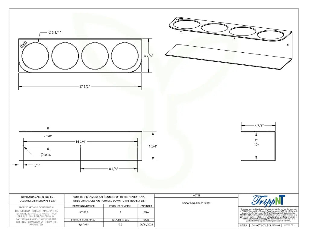 TrippNT 50189 — engineering drawing with dimensional callouts (17.5 x 4.25 x 4.875 inches WHD)
