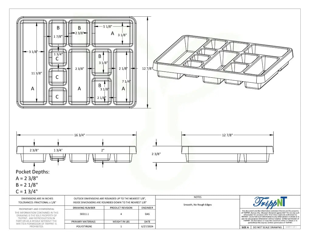 TrippNT 50211 11 Compartment Drawer Organizer - Engineering Drawing Rev 4 with Dimensions
