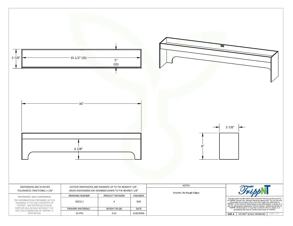 TrippNT 50215 — engineering drawing with dimensional callouts (36 x 8 x 5.875 inches WHD)