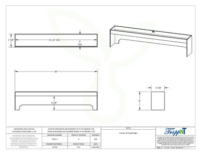 TrippNT 50215 — engineering drawing with dimensional callouts (36 x 8 x 5.875 inches WHD)