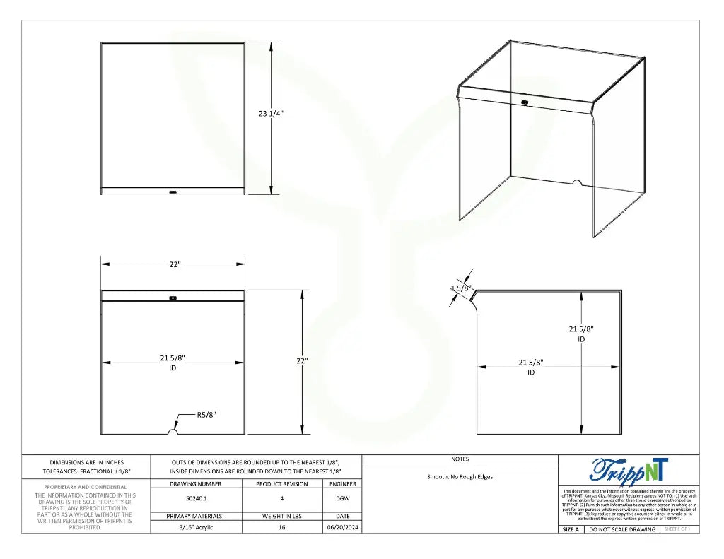 TrippNT 50240 Extra Large Draft Shield - Engineering Drawing Rev 4 with Full Dimensions