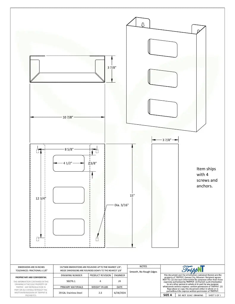 TrippNT 50276 — engineering drawing with dimensional callouts (10.875 x 15 x 3.875 inches WHD)