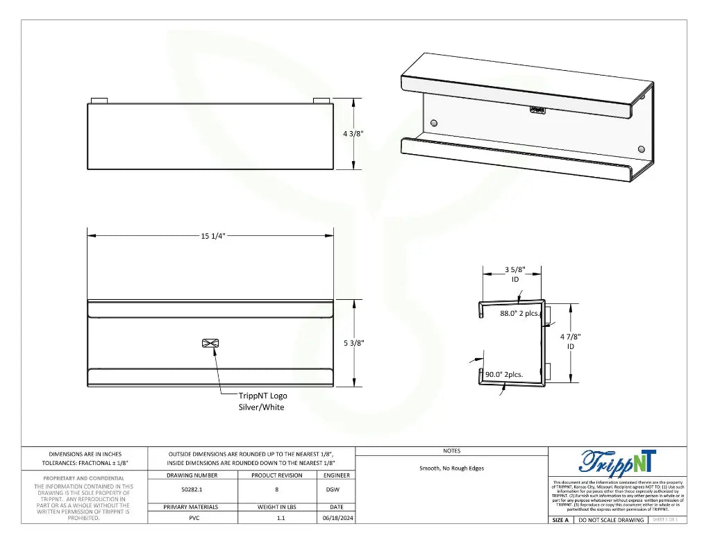 TrippNT 50282 — engineering drawing with dimensional callouts (15.25 x 5.5 x 4.375 inches WHD)