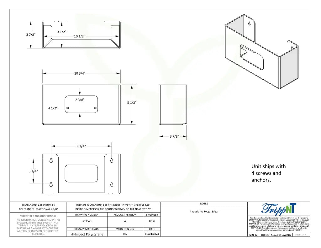 TrippNT 50304 Single Plain Glove Box Dispenser - Engineering Drawing Rev 4 with Dimensions