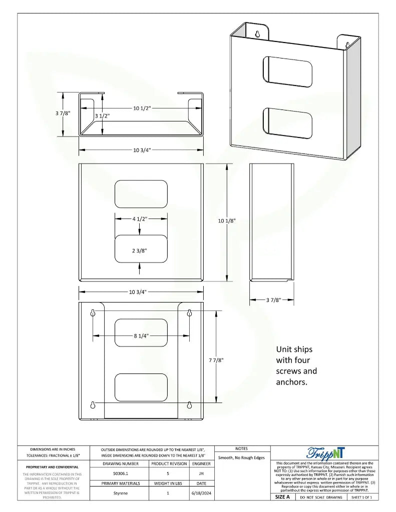 TrippNT 50306 Double Plain Glove Box Dispenser Engineering Drawing Dimensions