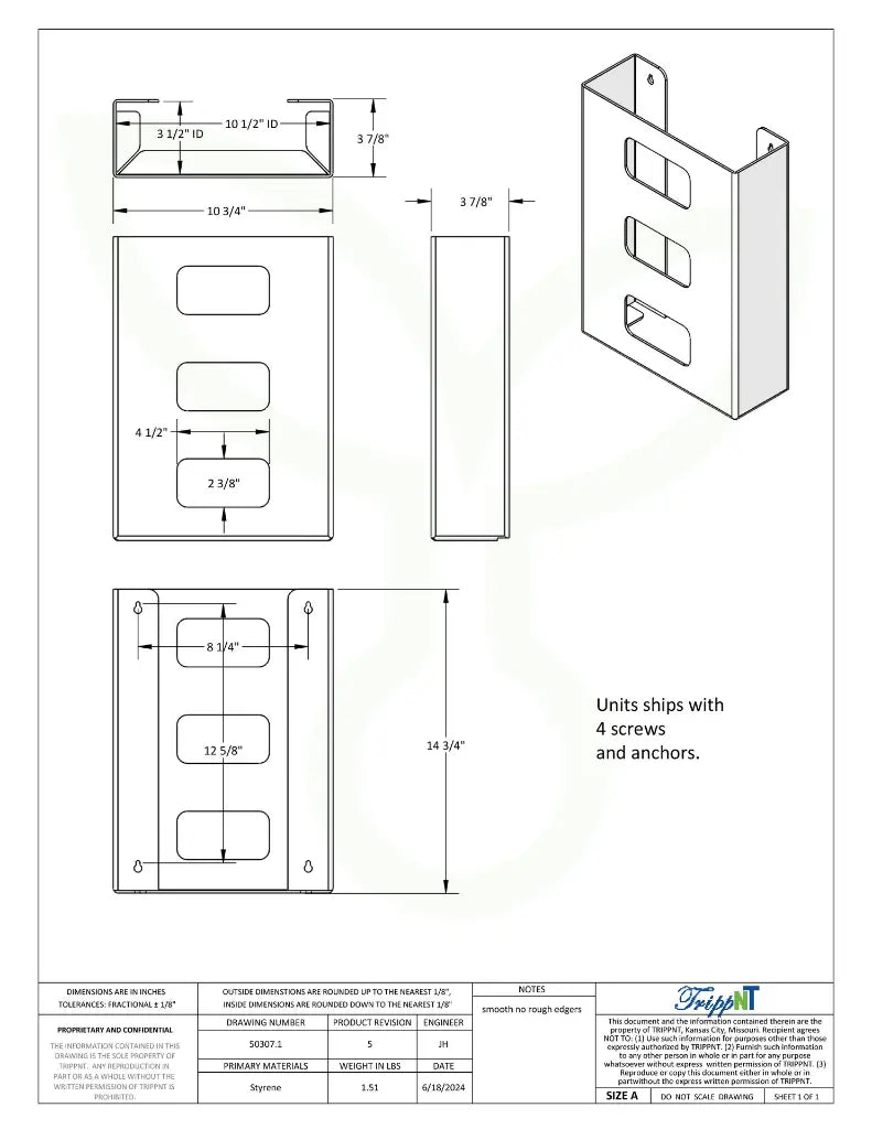 TrippNT 50307 — engineering drawing with dimensional callouts (10.75 x 14.75 x 3.875 inches WHD)