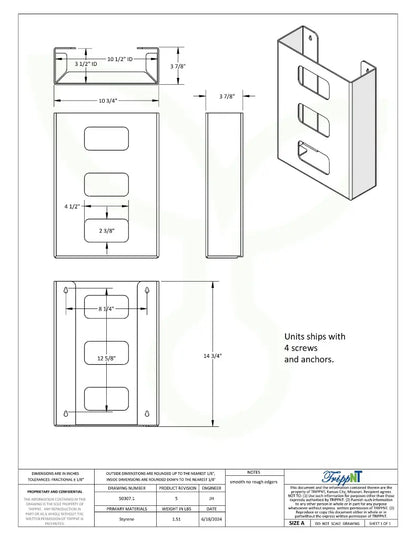 TrippNT 50307 — engineering drawing with dimensional callouts (10.75 x 14.75 x 3.875 inches WHD)