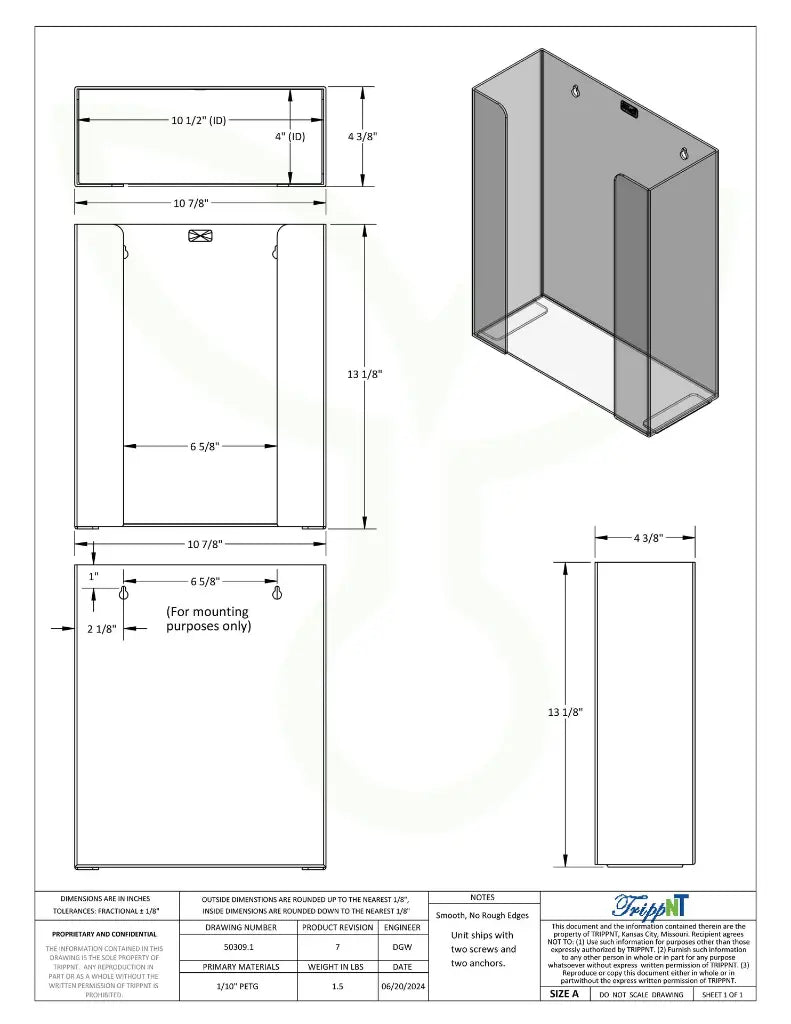 TrippNT 50309 — engineering drawing with dimensional callouts (10.875 x 13.125 x 4.375 inches WHD)