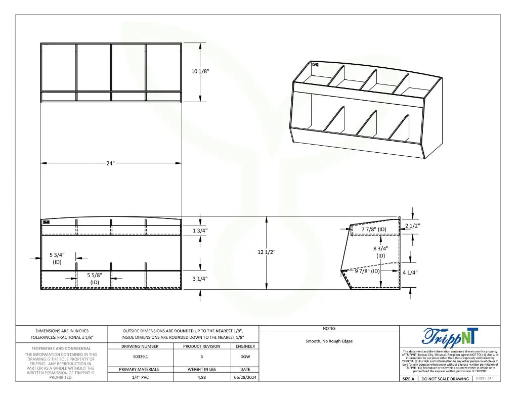 TrippNT 50339 Lab Storage Bin 8 Compartments - Engineering Drawing Rev 6 with Dimensions