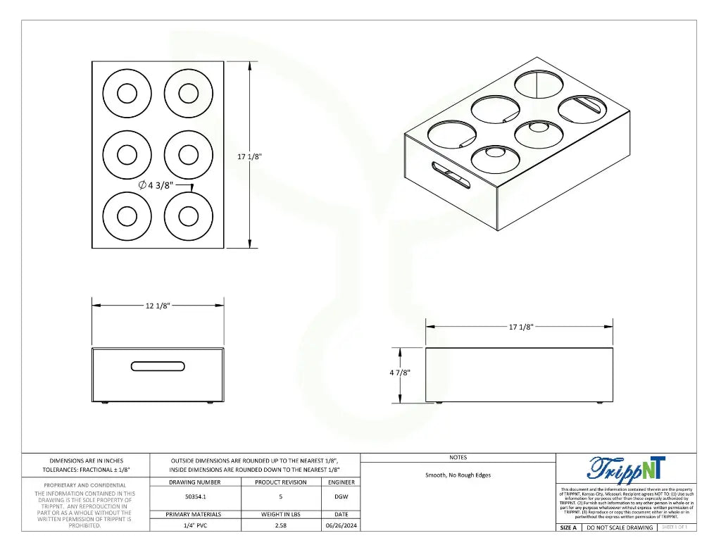 TrippNT 50354 — engineering drawing with dimensional callouts (17.125 x 5.125 x 12.125 inches WHD) and vessel opening detail