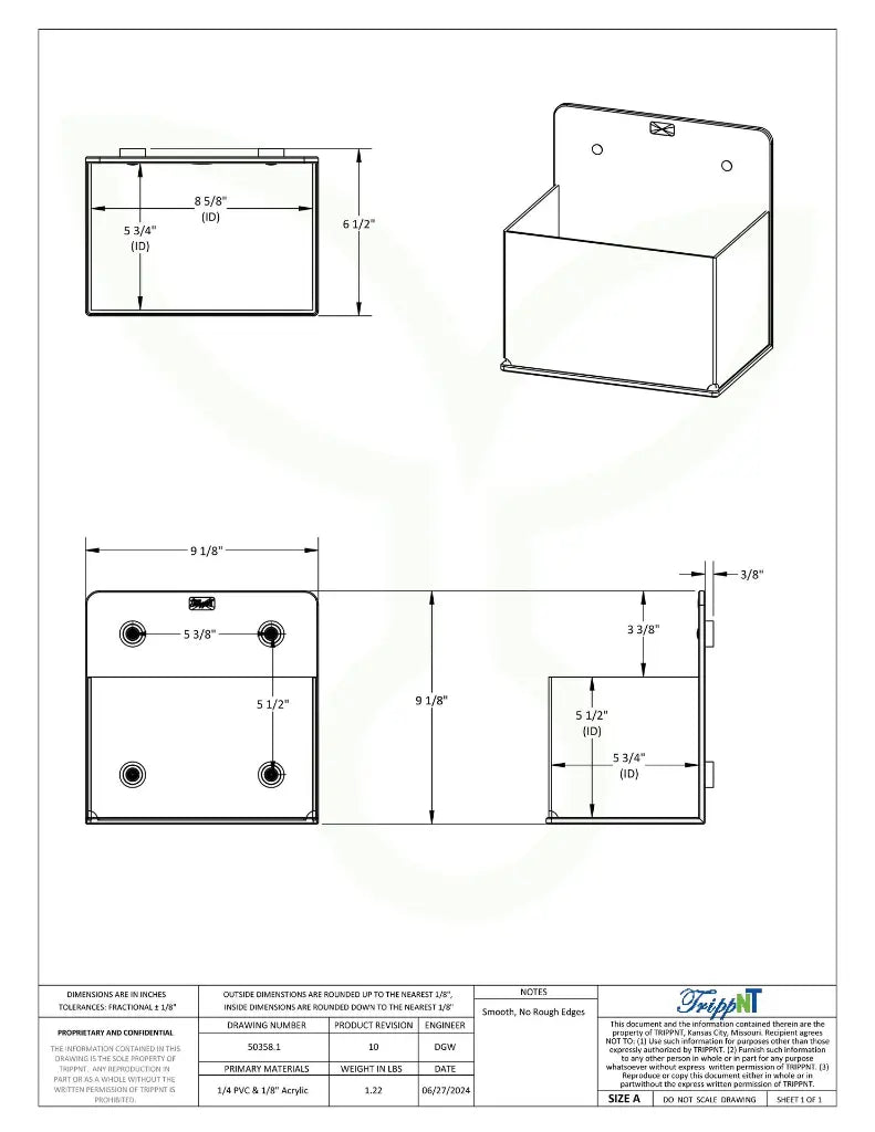 TrippNT 50358 — engineering drawing with dimensional callouts (9.125 x 9.125 x 6.5 inches WHD)