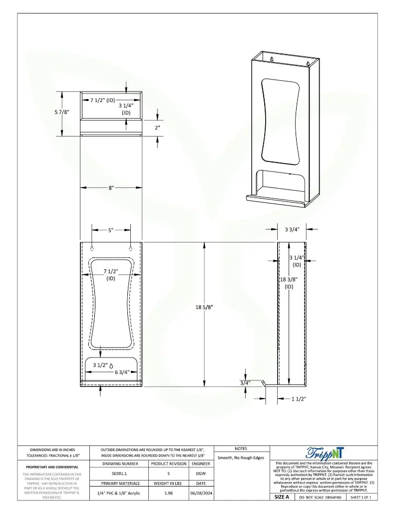 TrippNT 50391 — engineering drawing with dimensional callouts (8 x 18.625 x 5.875 inches WHD)