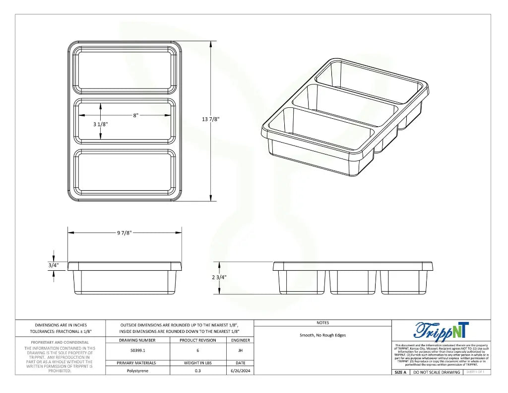 TrippNT 50399 3 Pocket Drawer Organizer - Engineering Drawing Rev 6 with Dimensions