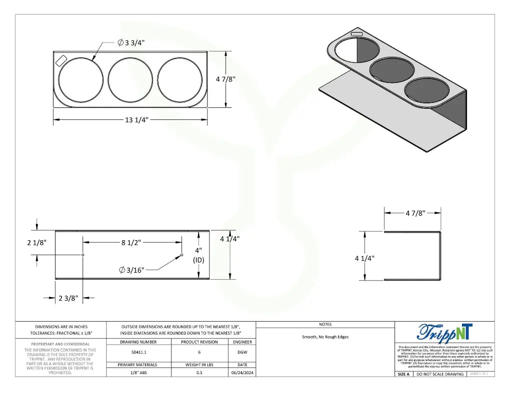 TrippNT 50411 — engineering drawing with dimensional callouts (13.25 x 4.25 x 4.875 inches WHD)