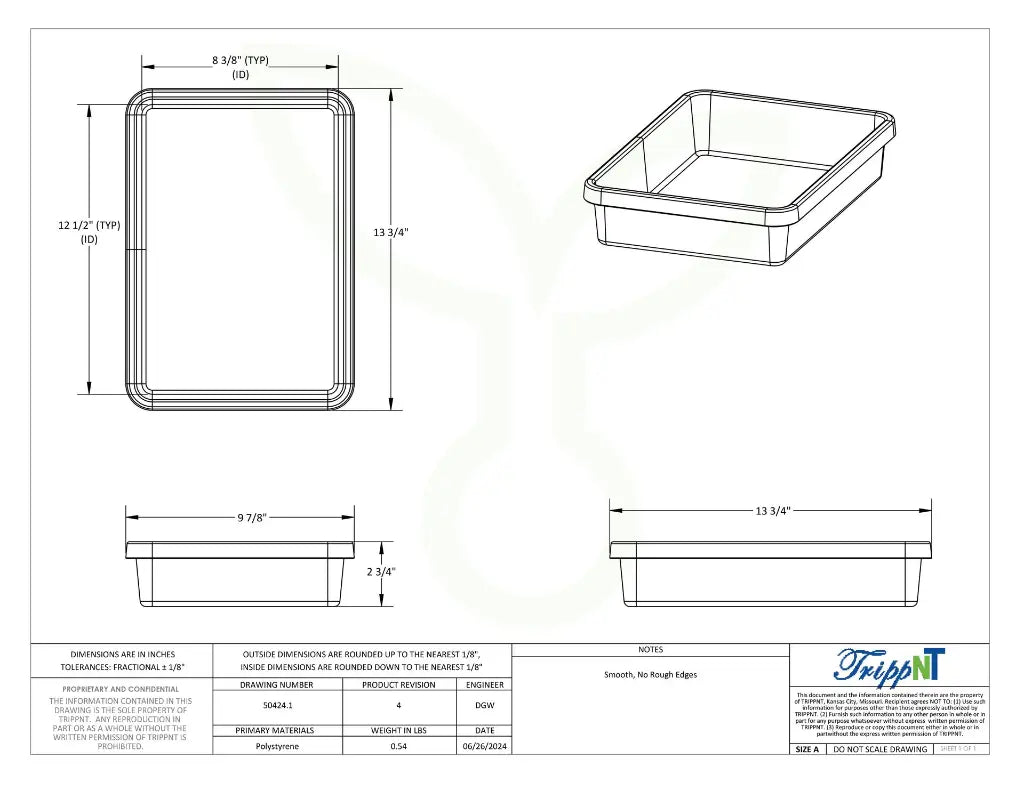 TrippNT 50424 1 Pocket Drawer Organizer - Engineering Drawing Rev 4 with Dimensions