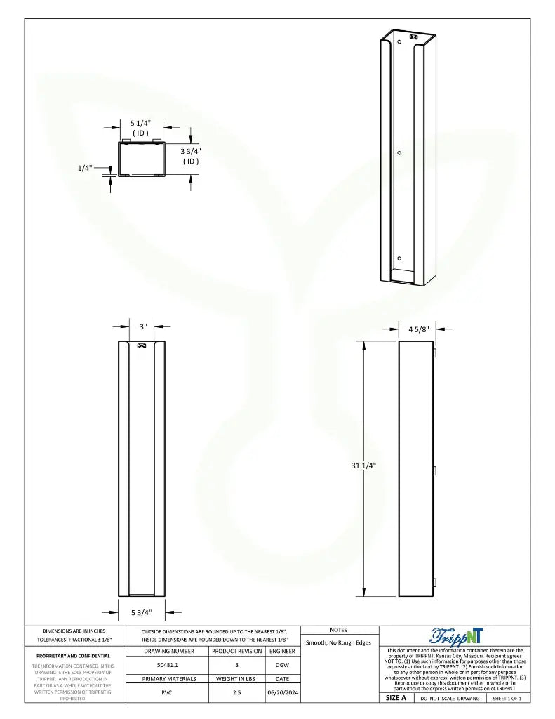 TrippNT 50481 Vertical Glove Box Kimwipe Holder Engineering Drawing Dimensions